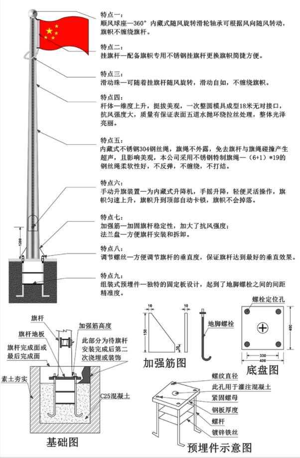 同创旗杆304不锈钢锥形旗杆参数安装示意图